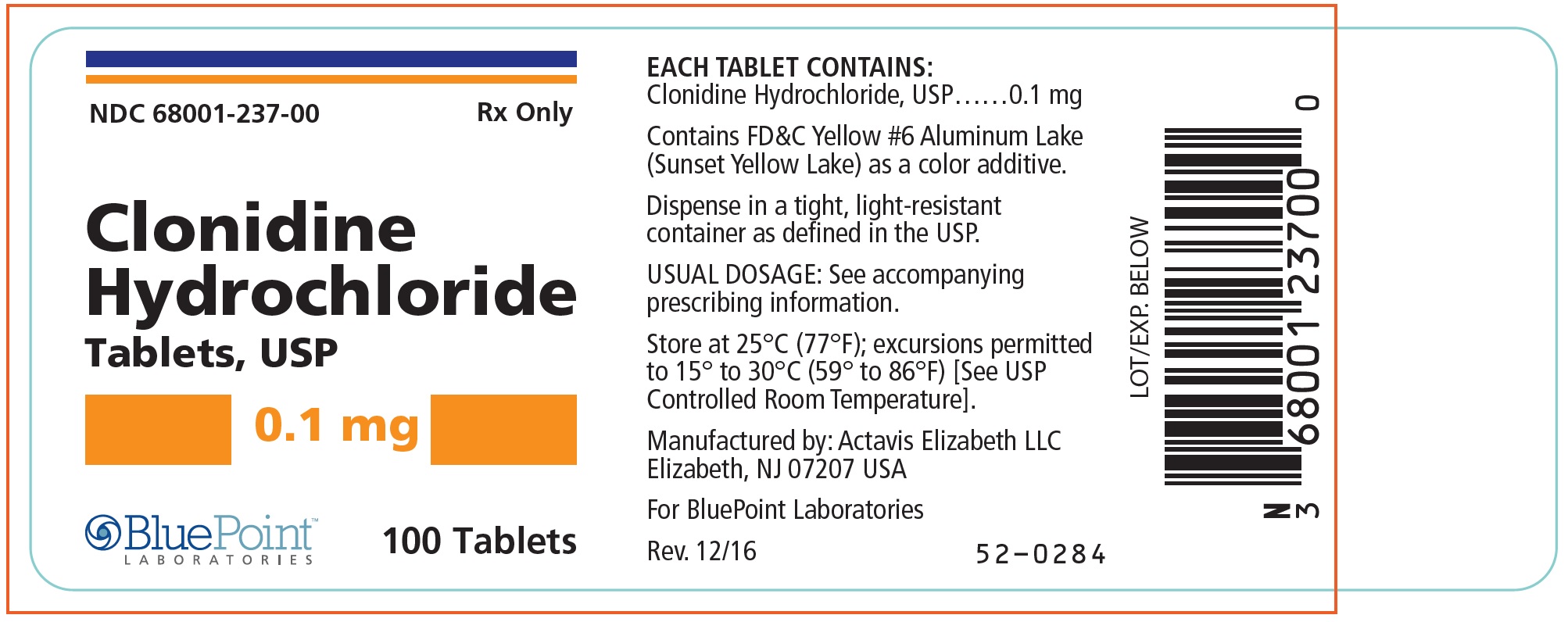 01 Clonidine HCl 0.1 100s US