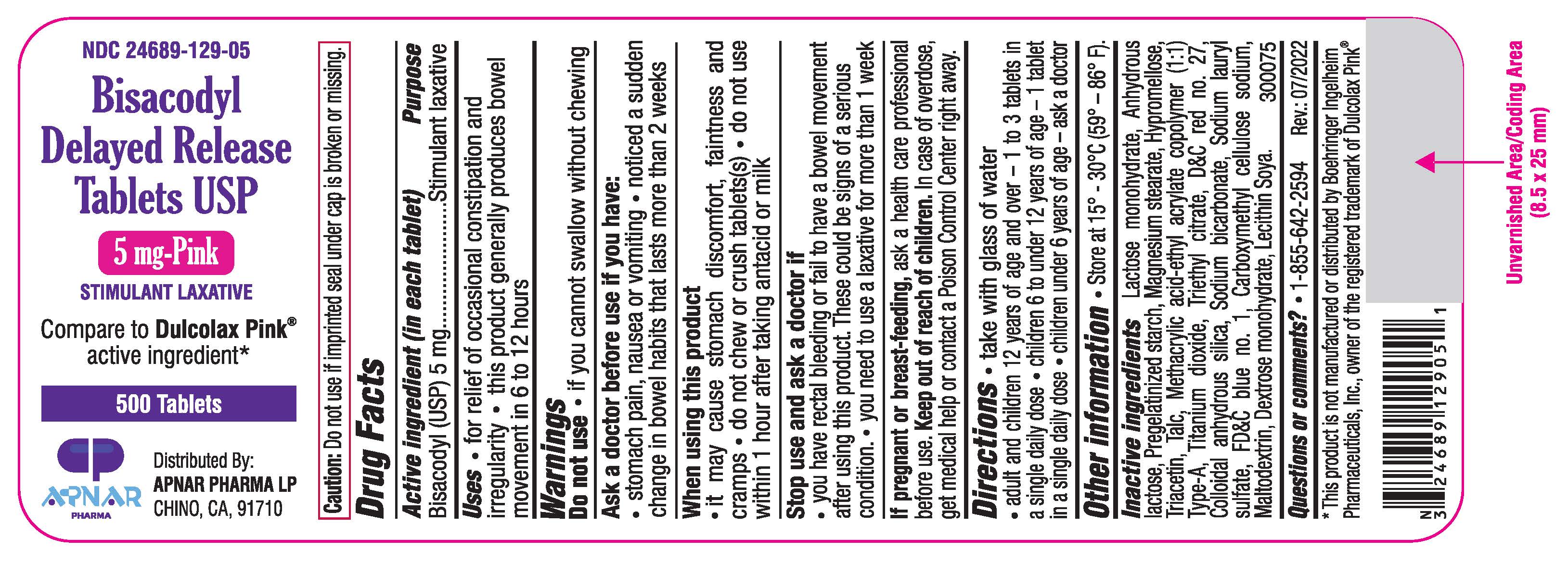 Bisacodyl DR Tablets - 5 mg -500s count label