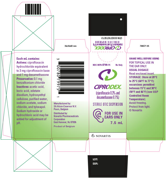 NDC 0078-0799-75
									Rx Only
									CIPRODEX®
									(ciprofloxacin 0.3% and dexamethasone 0.1%)
									STERILE OTIC SUSPENSION
									FOR USE IN EARS ONLY
									7.5 mL
									NOVARTIS
							