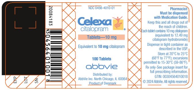 PRINCIPAL DISPLAY PANEL
NDC 0456-4010-01
Celexa
citalopram
Tablets – 10 mg
Equivalent to 10 mg citalopram
100 Tablets
abbvie
