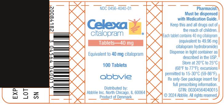 PRINCIPAL DISPLAY PANEL
NDC 0456-4040-01
Celexa
citalopram
Tablets – 40 mg
Equivalent to 40 mg citalopram
100 Tablets
abbvie
