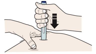 H  Firmly push the autoinjector down onto skin until it stops moving.