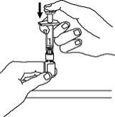 Hold the Enbrel vial upright on your flat work surface and push the plunger down until all the liquid from the syringe is in the Enbrel vial.  You may see foaming (bubbles) in the vial.  This is normal.  