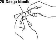 3.	Open the wrapper that contains the 25 gauge needle by peeling apart the tabs and set the needle aside for later use.  The 25 gauge needle will be used to mix the liquid with the powder and for withdrawing Enbrel from the vial.