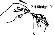 9.	Pick up the syringe from your flat work surface.  Hold the barrel of the syringe with one hand, and pull the needle cover straight off.  To avoid damaging the needle, do not twist or bend the needle cover while you are removing it.  Do not touch the needle or allow it to touch any surface.  Do not touch or bump the plunger.  Doing so could cause the liquid to leak out.