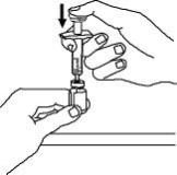 12.	Push the plunger down very slowly until all liquid from the syringe is in the Enbrel vial.  Adding the liquid too fast will cause foaming (bubbles).