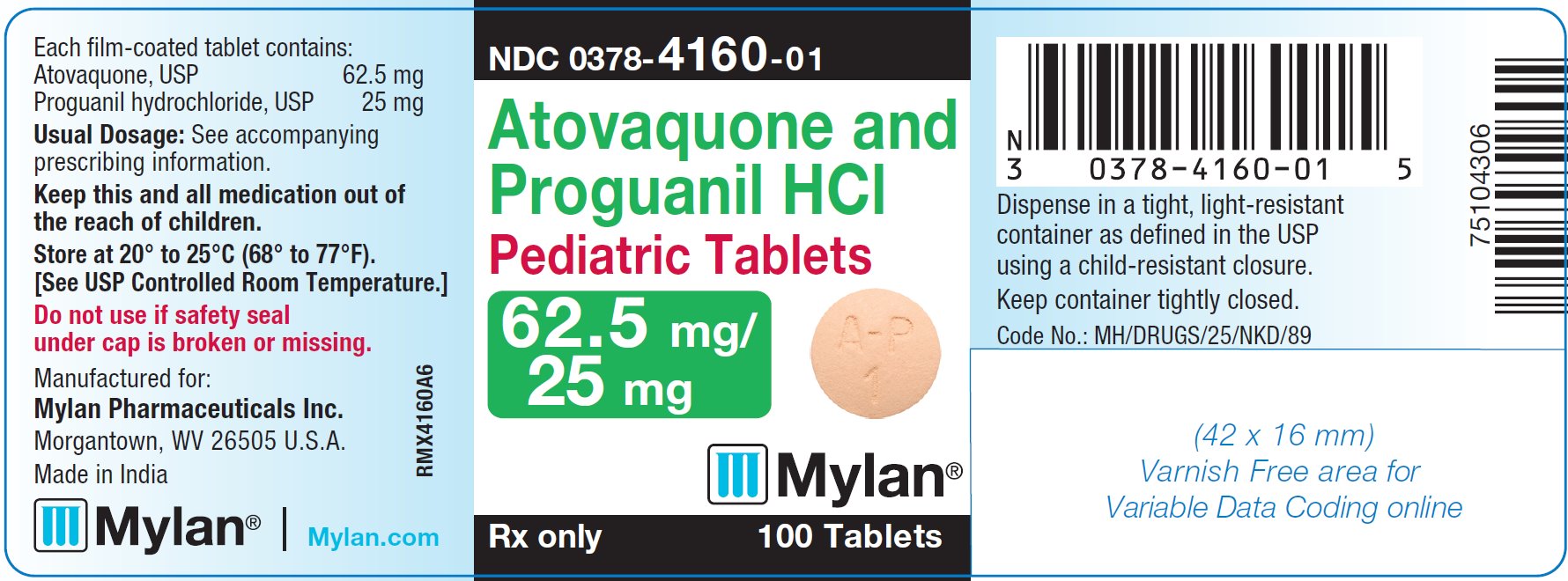 Atovaquone and Proguanil Hydrochloride Pediatric Tablets 62.5 mg/25 mg Bottle Label