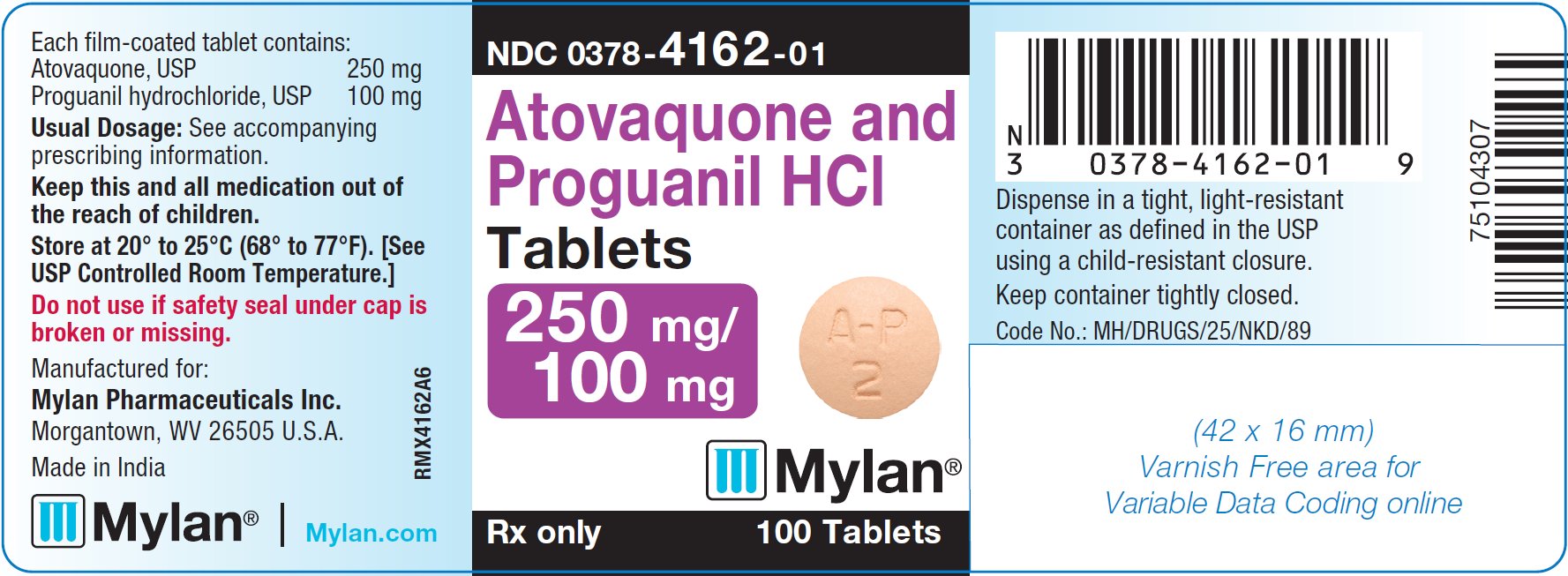 Atovaquone and Proguanil Hydrochloride Pediatric Tablets 250 mg/100 mg Bottle Label