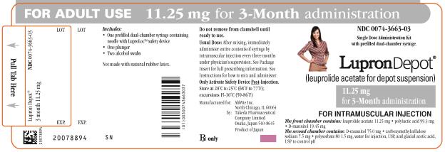 NDC 0074-3663-03 
FOR ADULT USE 11.25 mg for 3-Month administration 
Single Dose Administration Kit with prefilled dual-chamber syringe. 
LupronDepot®
(leuprolide acetate for depot suspension) 
11.25 mg for 3-Month administration 
FOR INTRAMUSCULAR INJECTION 
The front chamber contains: leuprolide acetate 11.25 mg, polylactic acid 99.3 mg, D-mannitol 19.45 mg 
The second chamber contains: D-mannitol 75.0 mg, carboxymethylcellulose sodium 7.5 mg, polysorbate 80 1.5 mg, water for injection, USP, and glacial acetic acid, USP to control pH 
Rx only 
