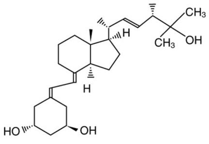  the following structural formula: Paricalcitol is a white, crystalline powder with the empirical formula of C27H44O3, which corresponds to a molecular weight of 416.64. Paricalcitol is chemically designated as 19-nor-1α,3β,25-trihydroxy-9,10-secoergosta-5(Z),7(E),22(E).